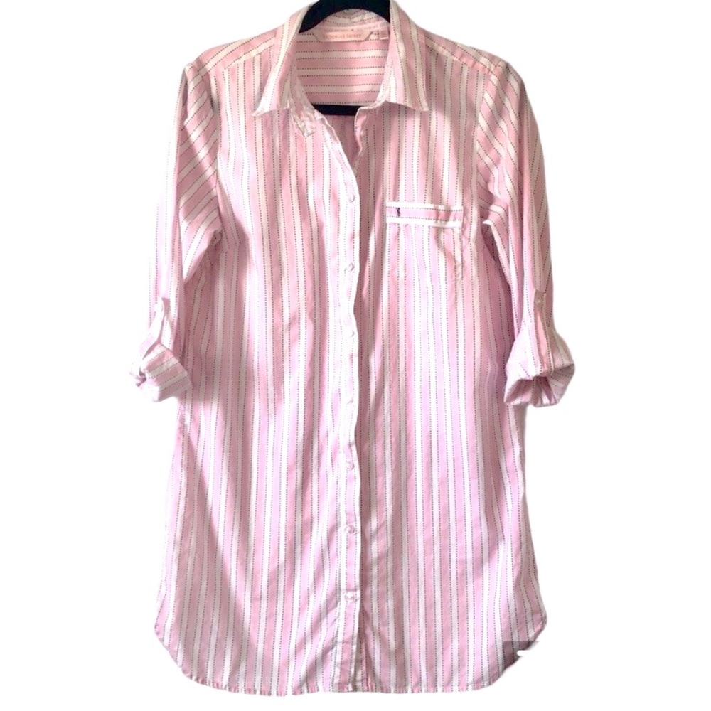 Victoria's Secret Button-Front Cotton Striped Sleep Shirt Pink White Size Med